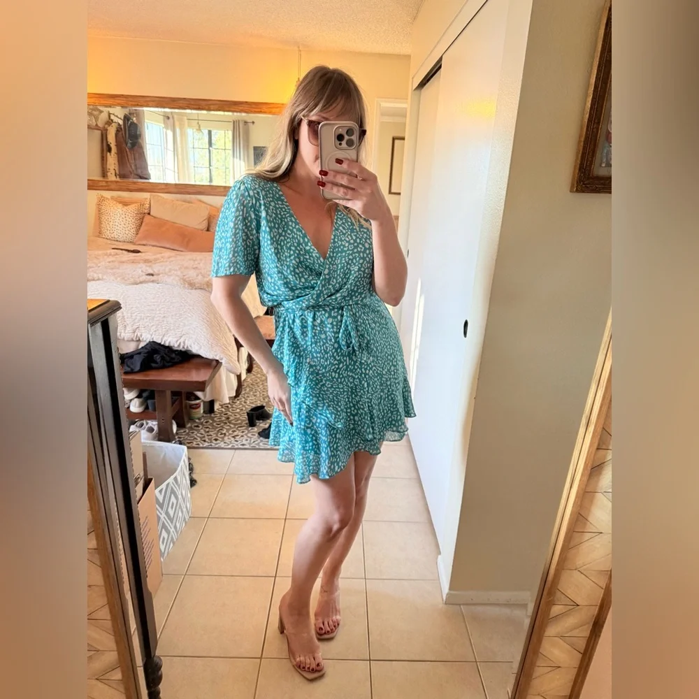 Kentucky Derby Flirty Aqua Cheetah Print Wrap Dress with Ruffle Detail - Picture 5 of 8